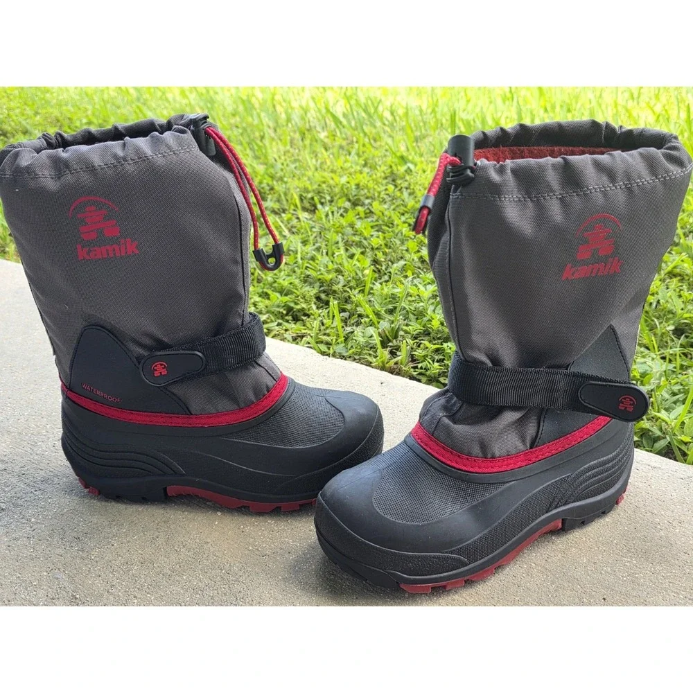 Kamik Kids Waterproof Snow Boots Black Red Trim Size 3 Winter Mid-Calf